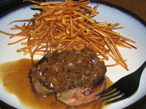 steak au poivre with matchstick potatoes