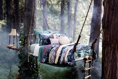 beds outside, outdoor bedroom, beds, romantic beds, boho bed, gypsy bed, bedding, pillows, bed hanging from trees, enchanted beds, 5002893_93AJE0pB_c