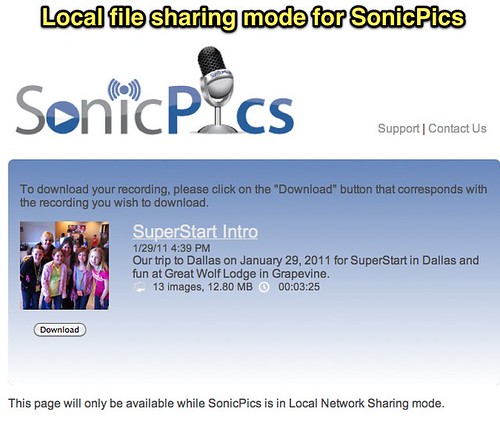 Local file sharing mode for SonicPics