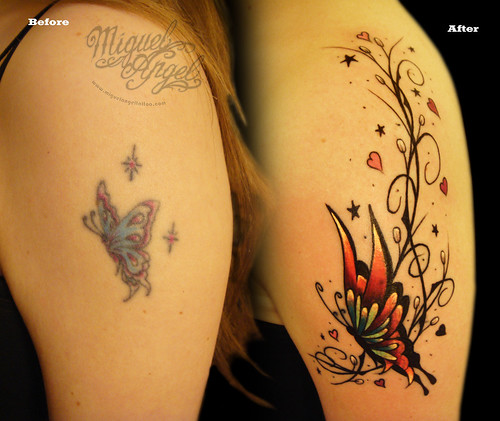 Butterfly and pattern Cover up tattoo by Miguel Angel tattoo