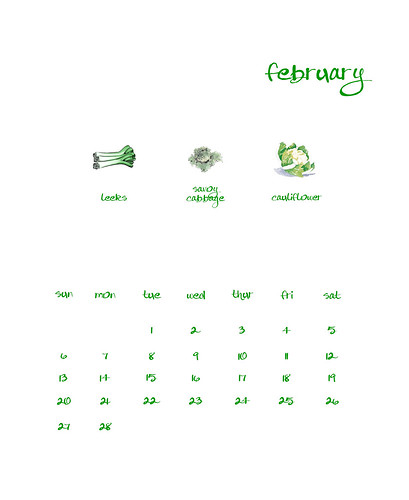 Printable February Calendar with seasonal veggies