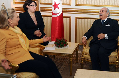 U.S. Secretary of State Hillary Clinton meeting with Tunisian Interim President Fouad Mebazaa at the presidential palace in the capital city of Tunis. The U.S. pledged to assist in the "democratic transition." by Pan-African News Wire File Photos
