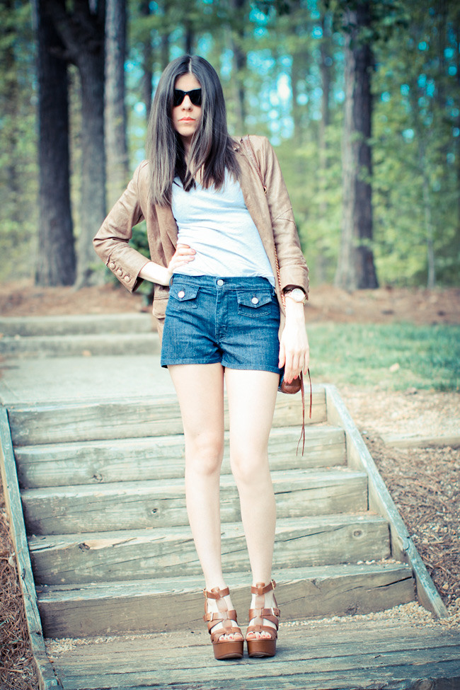 Leather jacket, IOC shorts, Ash wedges, Forever 21 T-Shirt, Rebecca Minkoff bag, Marc Jacobs watch