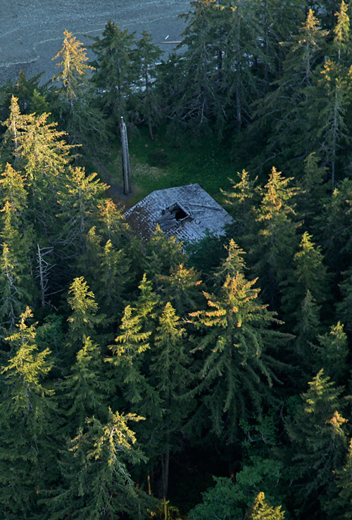 aerial shot of Naay I'waans and frontal totem pole (Chief Son-i-Hat Whale House), Kasaan, Alaska