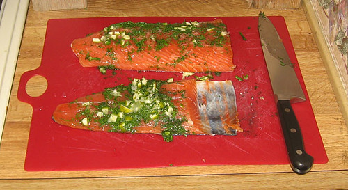 Gravlax, unwrapped after curing
