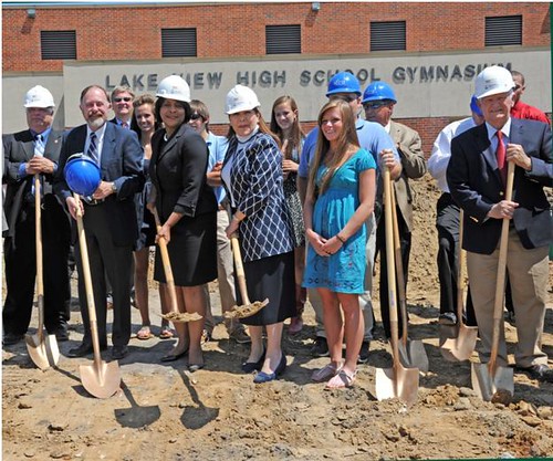 State Director Vernita F. Dore, and Tammye Treviño, Administrator for Housing and Community Facilities Programs and Lakeview officials and students break ground for the renovation and expansion an the existing high school in Lake View, South Carolina.