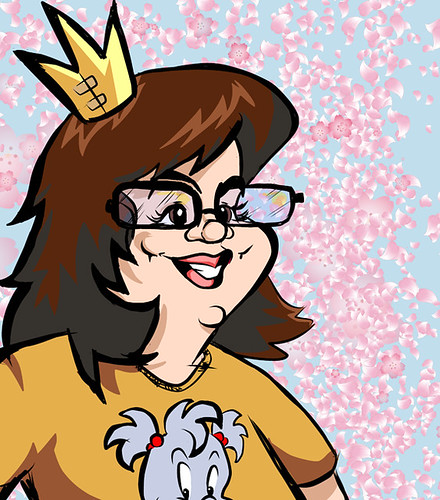 A cartoon image of Christine Smith, a white woman smiling while wearing glasses and a crown