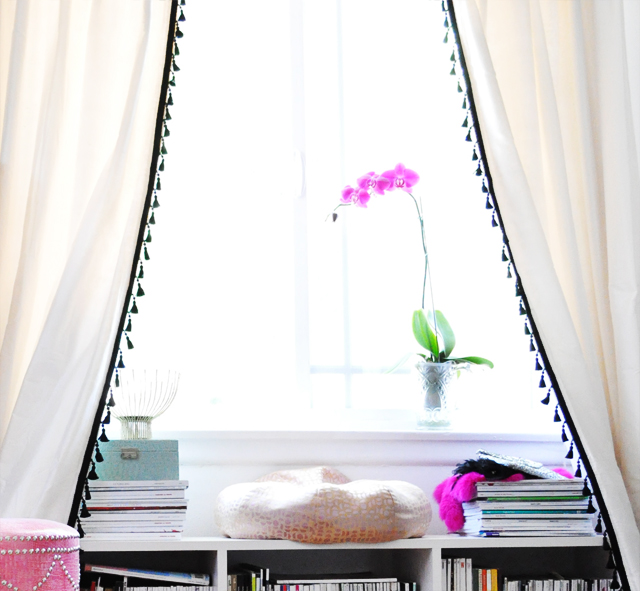 DIY  Curtains with tassels+office window nook +bench bookshelf