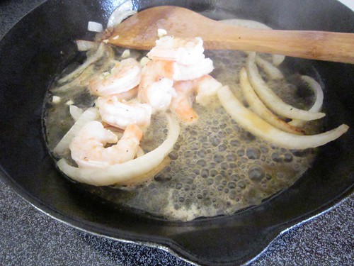 Sauteing shrimp and onion, take three