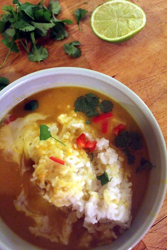 Spicy pumpkin laksa soup with rice.