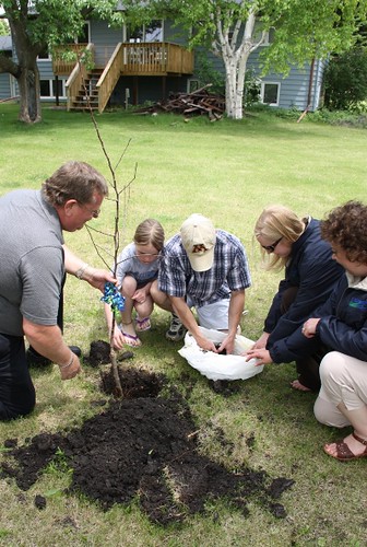 Valley City area office staff helped Cody Thibert and his daughter plant an apple tree they presented them in honor of Homeownership Month.  The Thibert’s newly finished deck can be seen in the background.