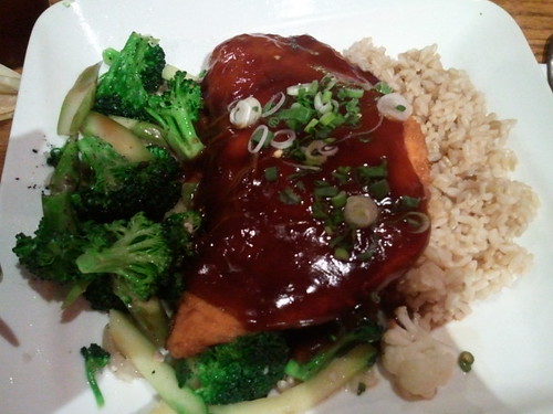Salmon Teriyaki with sauteed vegetables and brown rice