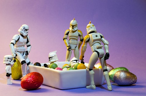 The mini clones ate taking a bath in the easter candy bowl