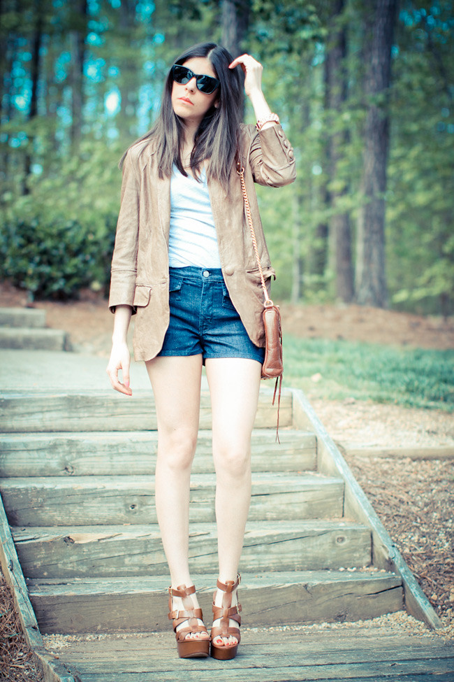 Leather jacket, IOC shorts, Ash wedges, Forever 21 T-Shirt, Rebecca Minkoff bag, Marc Jacobs watch