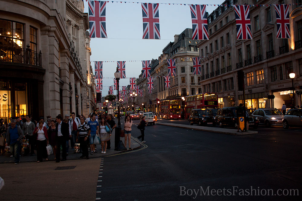 Union Jack flags flying all over Regent Street for the Royal Wedding