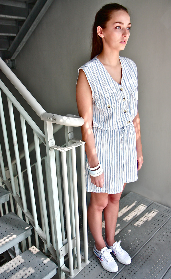 1980s light blue sleeveless striped romper; Feiyue Lo White/Blue/Red Canvas sneakers