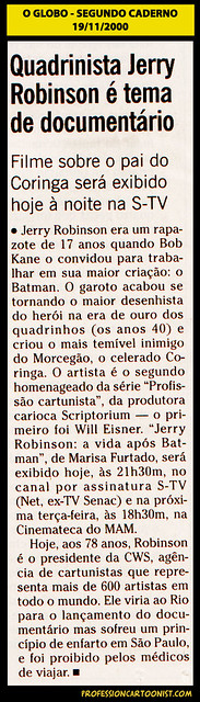 "Quadrinista Jerry Robinson é tema de documentário" - O Globo - 19/11/2000