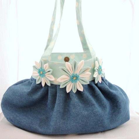 Blue Denim Bag with Kanzashi flowers