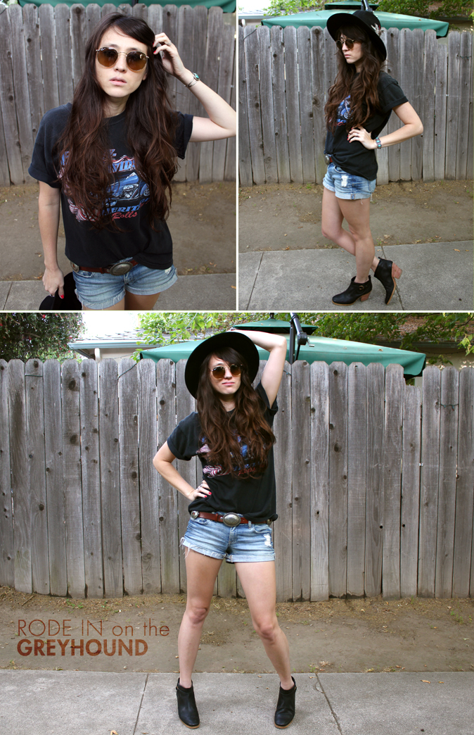 Outfit:1970s inspired outfit jeans shorts and vintage harley davidson shirt on Alice Baxley stylist