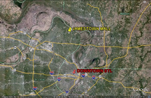 Jamestown Mall in relation to St. Louis (via Google Earth)