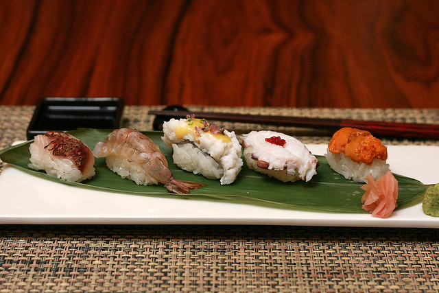 Sampler Sushi - Aburi Tai, Crystal Bay Prawn, Hamo, Octopus, Hokkaido Uni