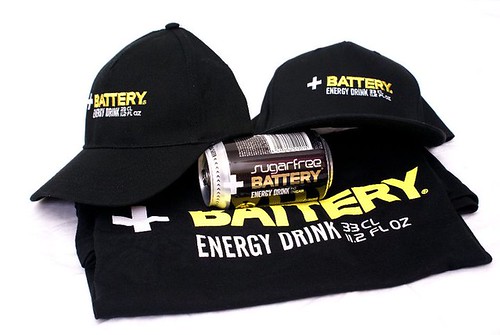 Battery caps, t-shirt and Sugarfree can by Energy Drinks Ltd