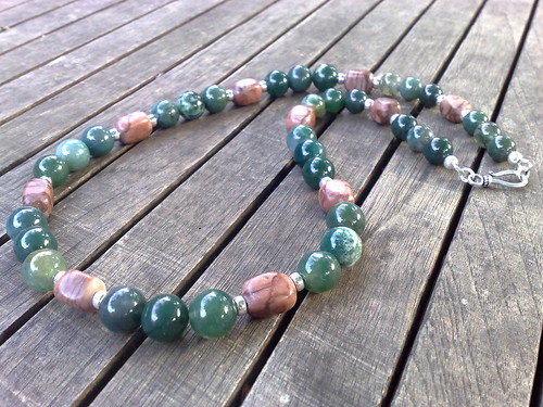 Moss agate, brown zebra stone and sterling silver necklace