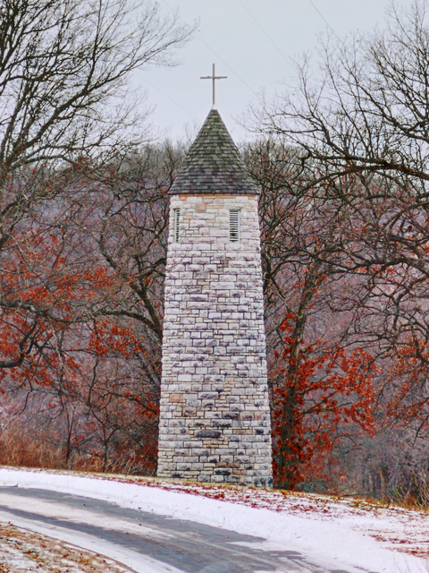 Stone tower at Resurrection Cemetery, in Shrewsbury, Missouri, USA