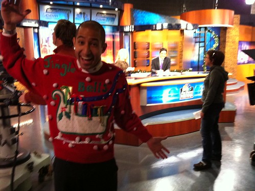 On set @ NBC, about to go on TV with my ugly sweater!