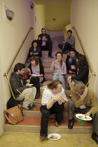 Huddled at the stairs for lunch
