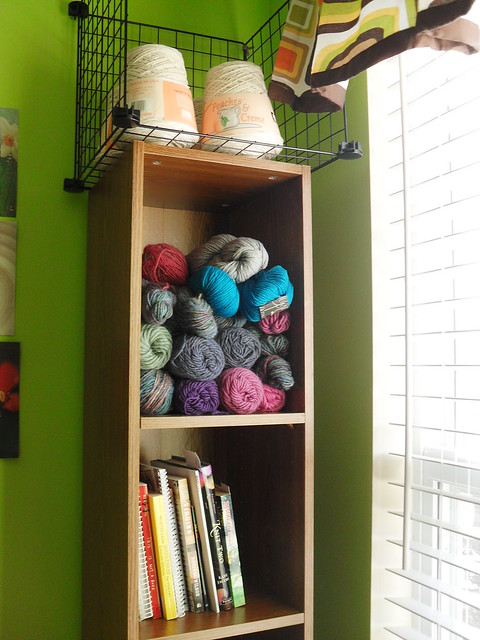 bookcase of yarn stash at Tyler Handmade