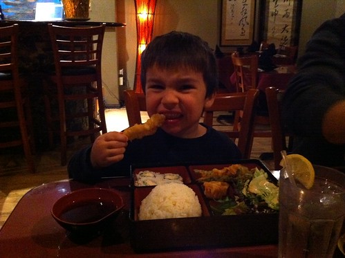 Finn eats shrimp tempura