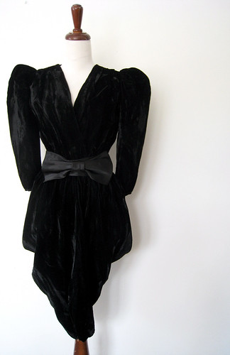 Crushed Black Velvet Harem Dress w/ Satin Bow Belt, Vintage 80's