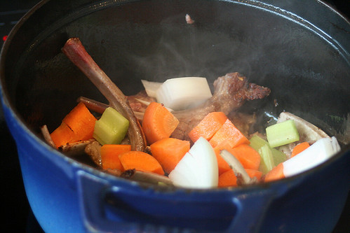 Add the diced vegetables to the browned lamb trimmings
