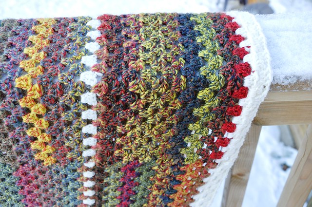 Dec. 28-Giant Granny Square done-63 x 69 inches in Jojoland Rhythm 100% wool, color # M24 and 002 (natural white)-10
