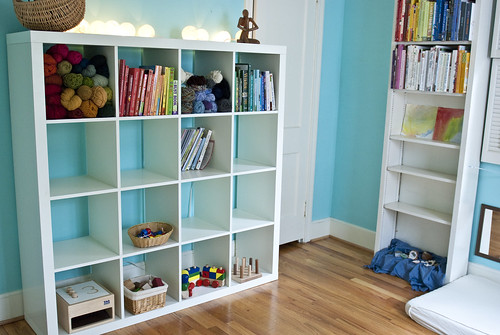 finn and lachlan's studio - toy, yarn, and child development books storage
