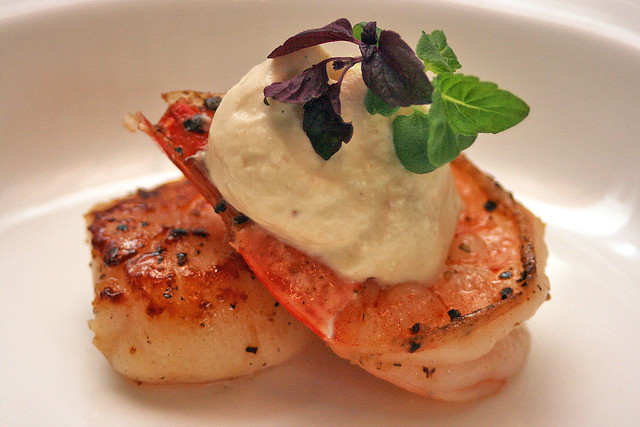 Lovely grilled scallop and shrimp with Glenfarclas whisky creme and bouquet of shiso mix