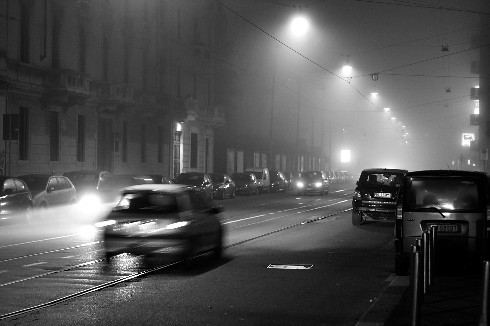 Foggy Night in Milan, Italy