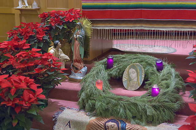 Our Lady of Guadalupe Roman Catholic Church, in Ferguson, Missouri, USA - altar decorations with poinsettia and Advent wreath