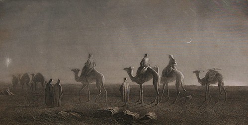 Star of Bethlehem, Magi - wise men or wise kings travel on camels with entourage across the deserts to find the savior, moon, desert, Holy Bible, Etching, 1885 by Wonderlane