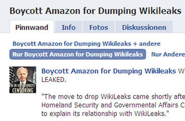 Boycott Amazon for Dumping Wikileaks (screenshot of Facebook page via Kurier.at)