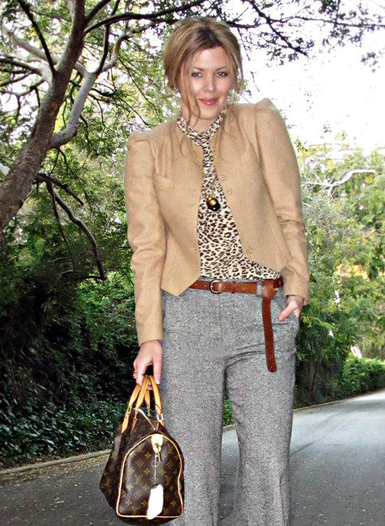 browns and grays+leopard print+camel jacket+sharp