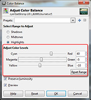 Color Balance dialog box in GIMP