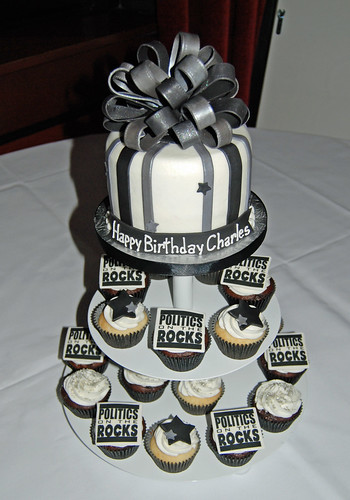 black and silver birthday cupcake tower with Politics on the Rocks logos