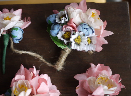 Vintage Flower Boutonnieres pink blue cream wedding blue pink white ivory