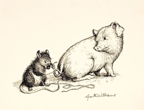 drawing of rat tying string to pig's tail
