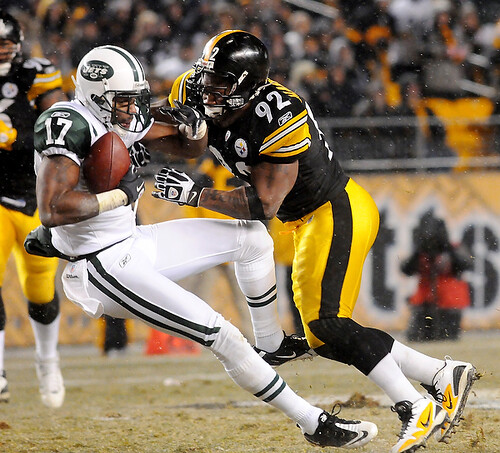 Steelers Vs Jets. Steelers vs. Jets. Times photo by SYLVESTER WASHINGTON JR. James Harrison puts a hit on the Jets#39; Braylon Edwards during the Pittsburgh Steelers#39; 22-17 loss