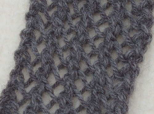 Grey lace showing close up of lace detail when blocked