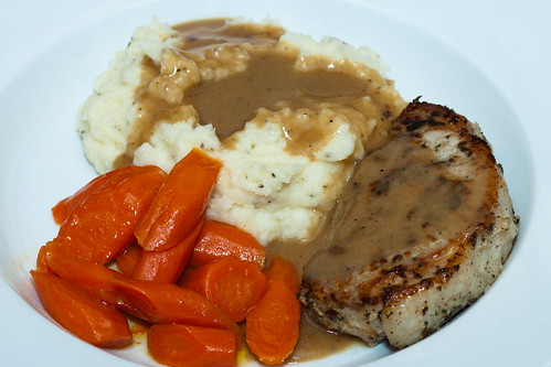 Sage Rubbed Pork Chops with Cauliflower Mashed Potatoes and Sweet Carrots