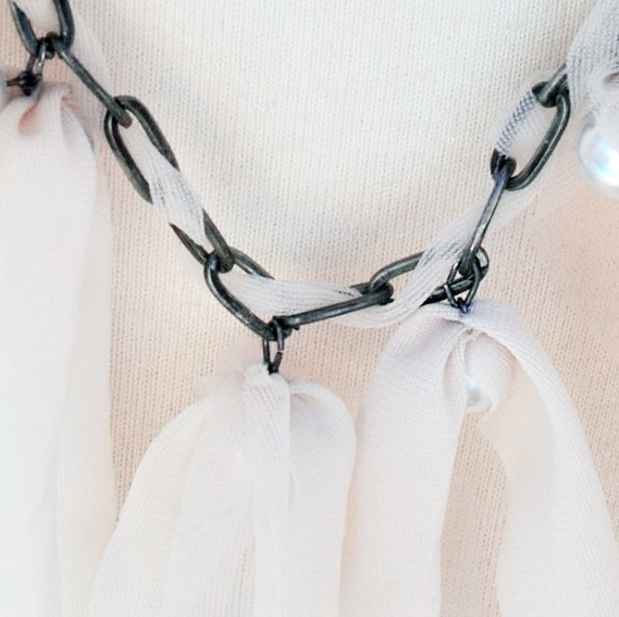 chain necklace with drop pearls & nude sheer fabric